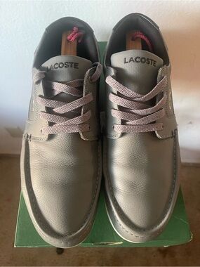 Lacoste Men's Taupe Leather Boat Shoes with Red Accents